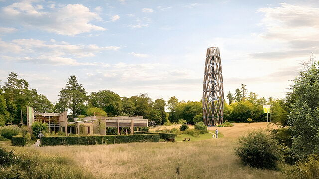 Geplanter Aussichtsturm im Herzen des Pfälzerwaldes mit Wiese und Bäumen