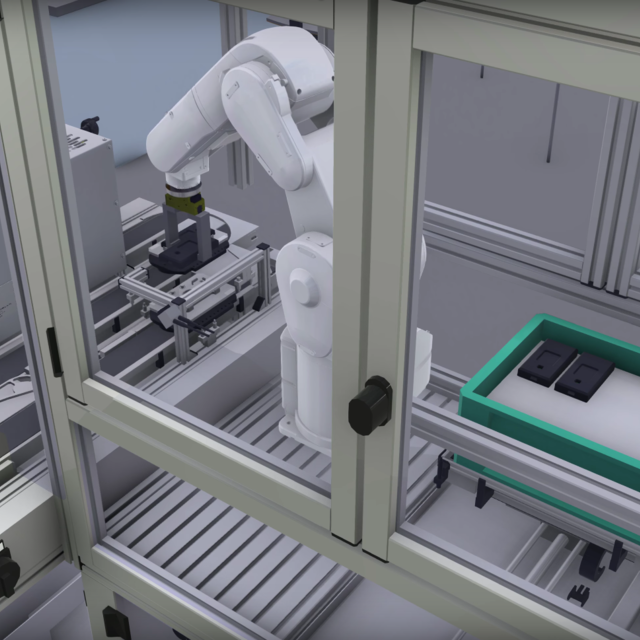 Roboterarm greift in einer Roboterzelle ein Bauteil zur Montage