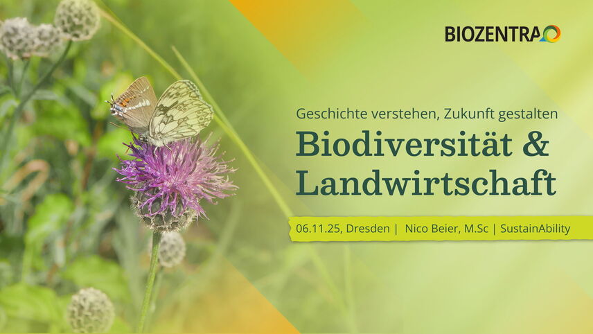 Veranstaltungbild: Text auf grünem Grund mit einem Bild von Schmetterlingen auf einer Blume