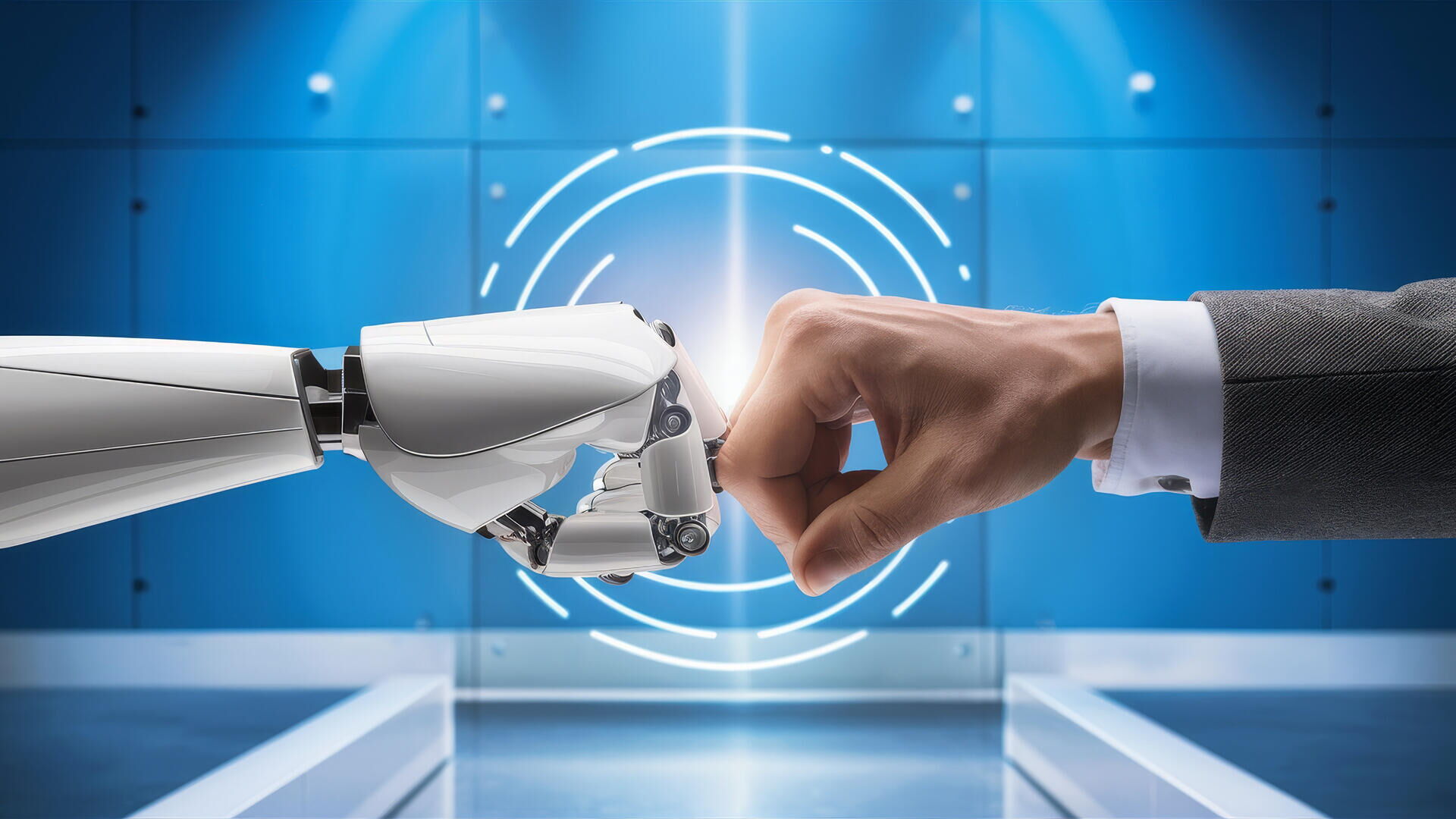 Eine mechanische und eine menschliche Faust, die sich berühren.