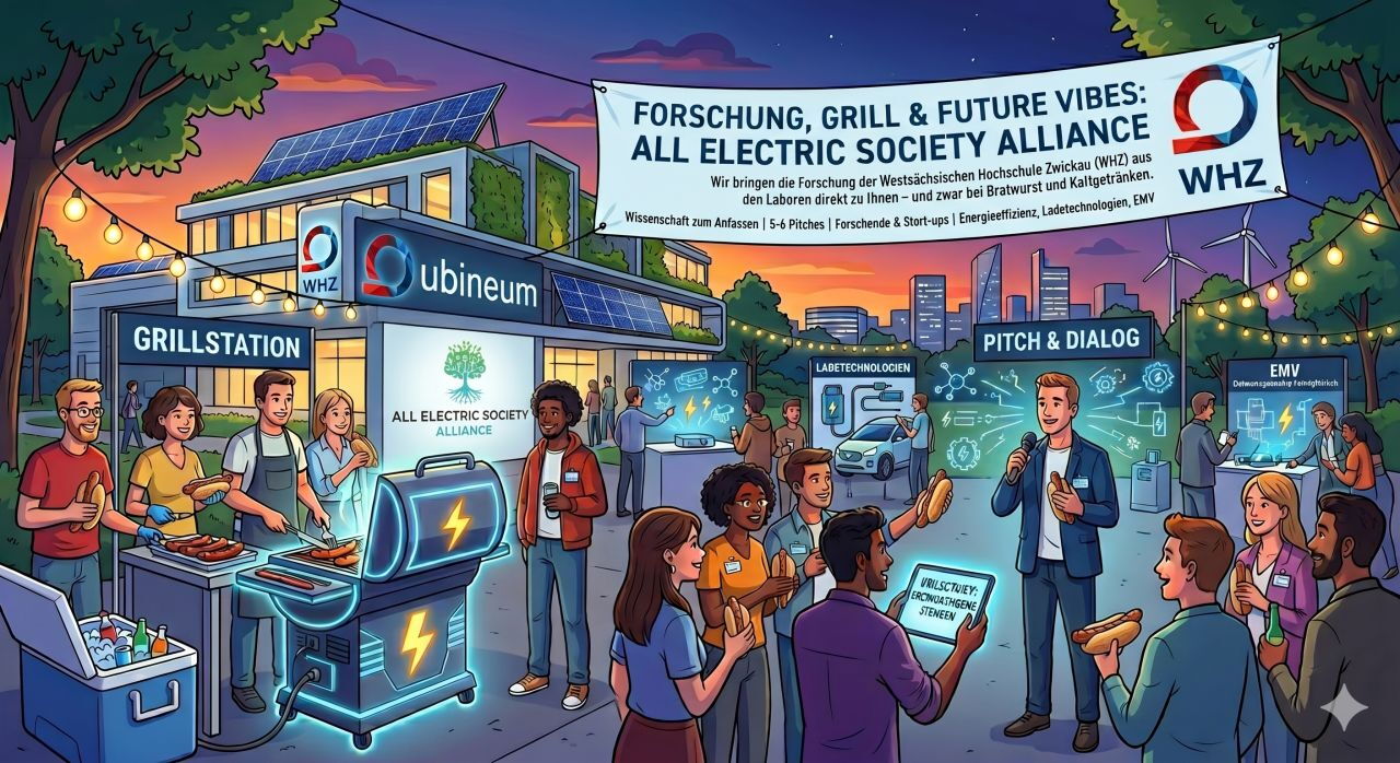 Ein Cartoonbild vom ubineum, davor eine Pichbühne und eine Grillstation mit Menschen