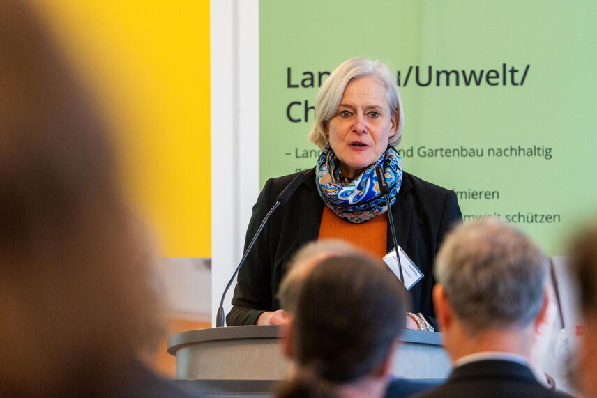 Ein Frau steht vor einer grünen Fläche im Vordergrund sind unscharfe Köpfe des Publikums