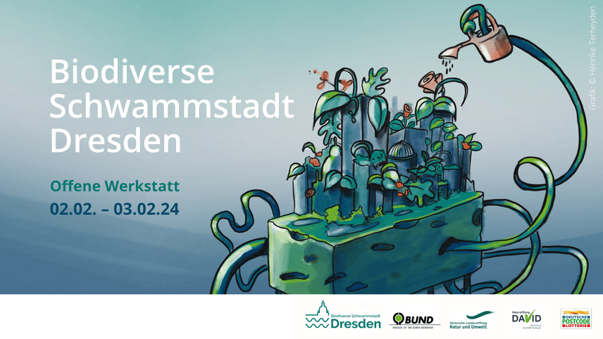 Schrift und eine Zeichnung auf türkisem Hintergrund