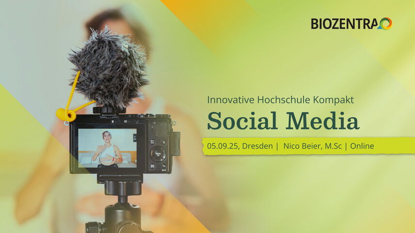 Eine Titelfolie, von einer PRäsentation zum Thema Social Media. Eine Frau filmt sich selbst mit einer Kamera.