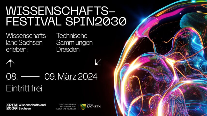 Veranstaltungsinformationen zum SPIN 2030 Wissenschaftsfestival. Es findet am 08. und 09. März in den Technischen Sammlungen Dresden statt und der Eintritt ist frei.