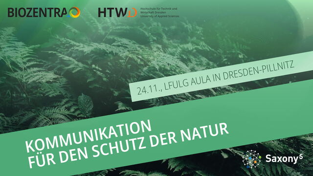 Text auf einem grünen Banner, im Hintergrund Farnblätter