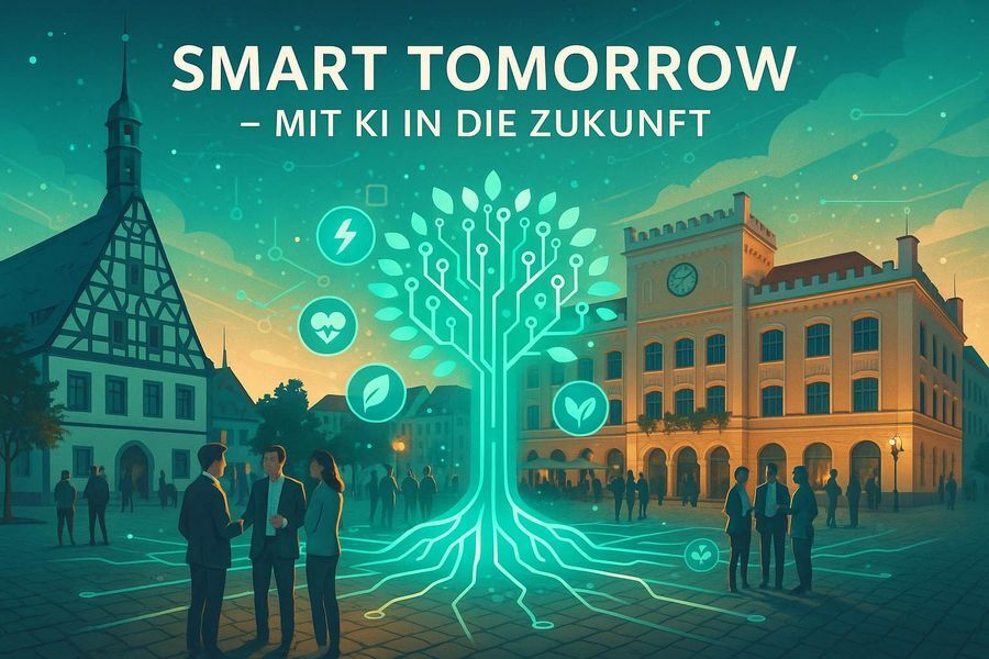 Symbolbild: Konferenz Smart Tomorrow (© WHZ) Zu sehen ist das Logo von Smart Tomorrow sowie das Rathaus und das Theater von Zwickau.