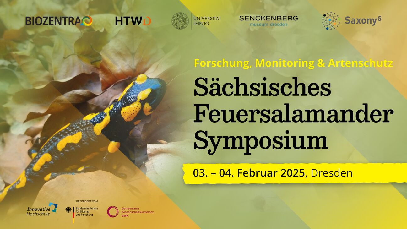 Sächsisches Feuersalamander Symposium vom 03.-04. Februar 2025, in Dresden. Im Hintergrund ein Feuersalamander.