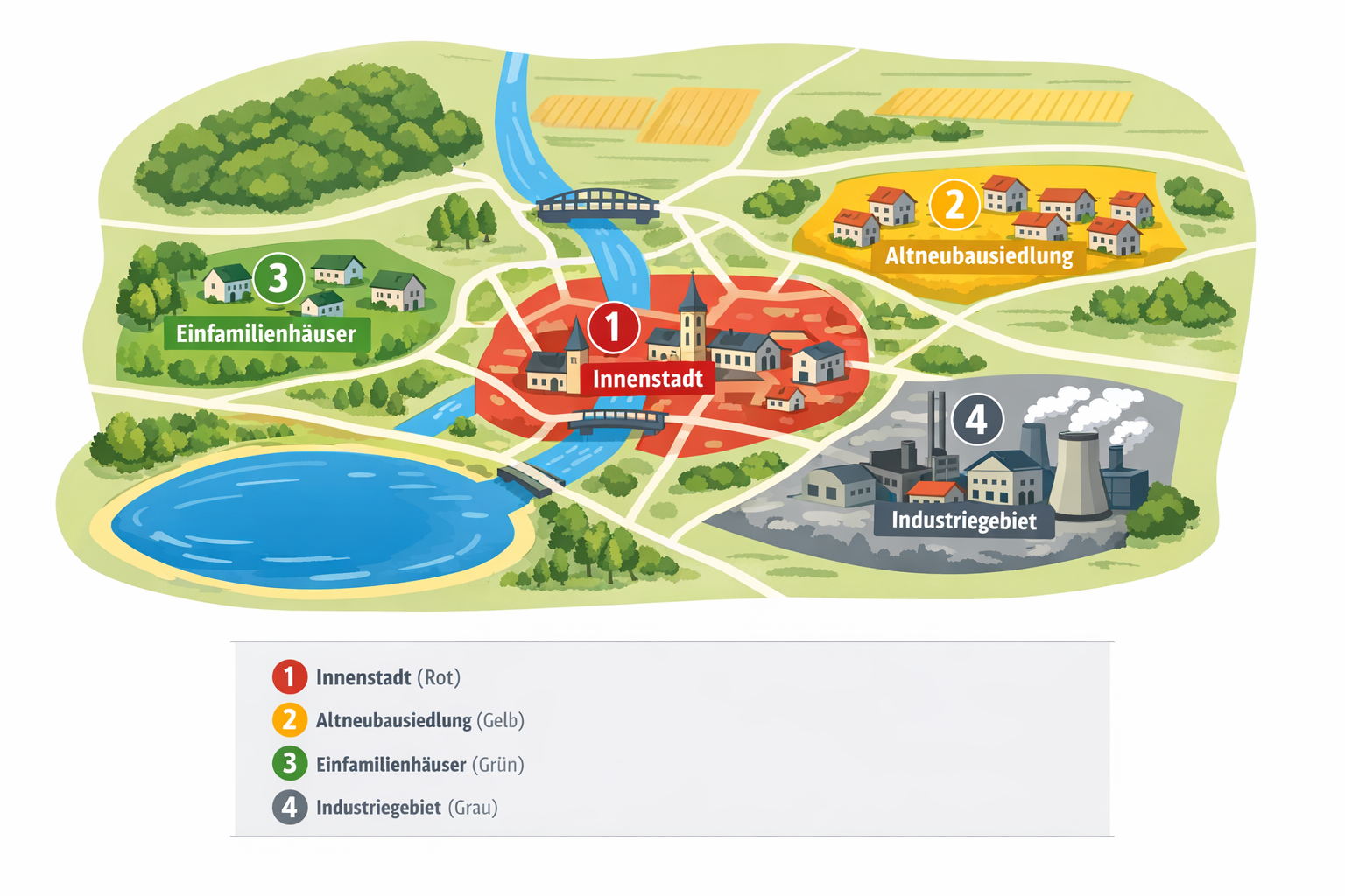 Thermopolis-Karte: vier Quartiere – Innenstadt, Altneubau, Einfamilienhäuser, Industriegebiet.