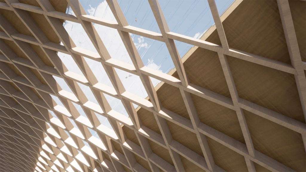 geometrische Dachkonstruktion aus Holz