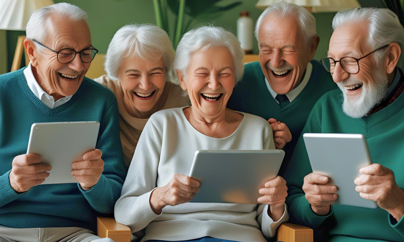 Senioren sitzen mit Tablets zusammen