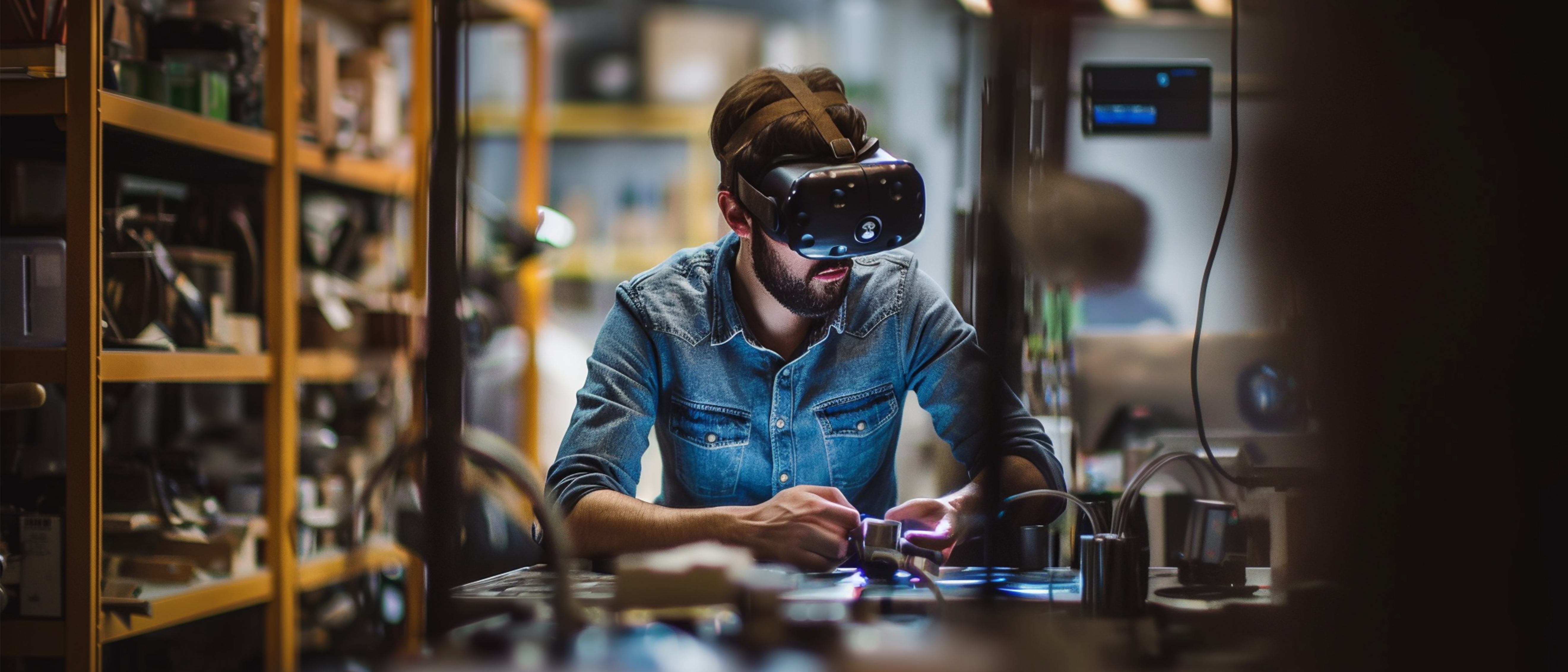 Ein Mann sitzt mit einer VR-Brille an einem Arbeitstisch