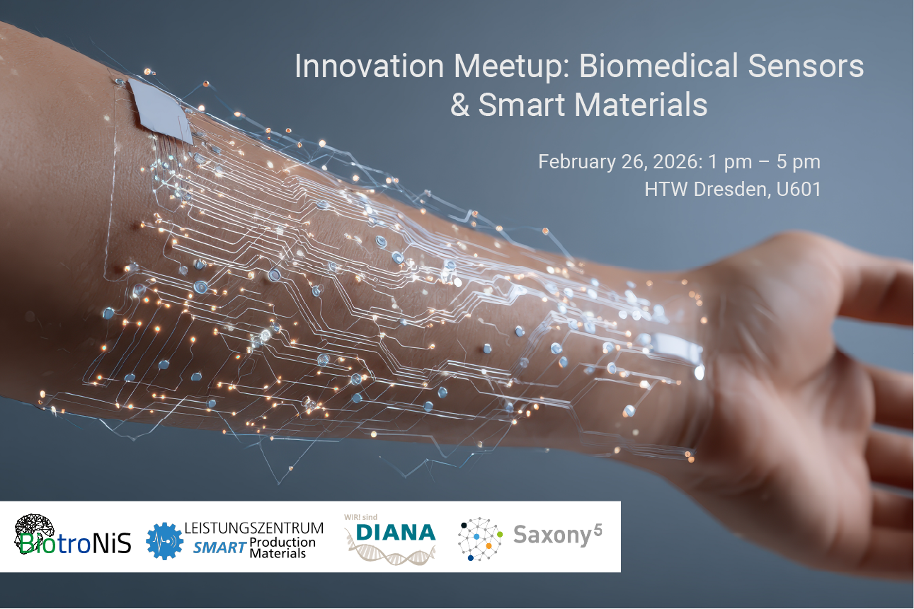 Veranstaltungsbild für das Innovation Meetup: Biomedical Sensors & Smart Materials. Am 26. Februar 2026 von 13 Uhr bis 17 Uhr an der HTW Dresden, Raum U601