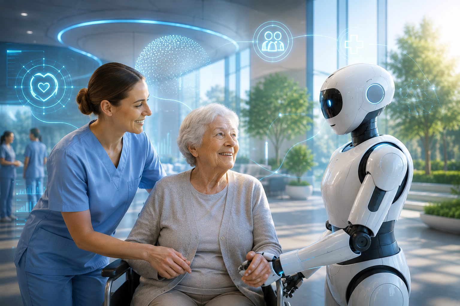 Eine ältere Frau im Rollstuhl, die von einer Pflegefachkraft und einem Roboter die Hand gehalten bekommt