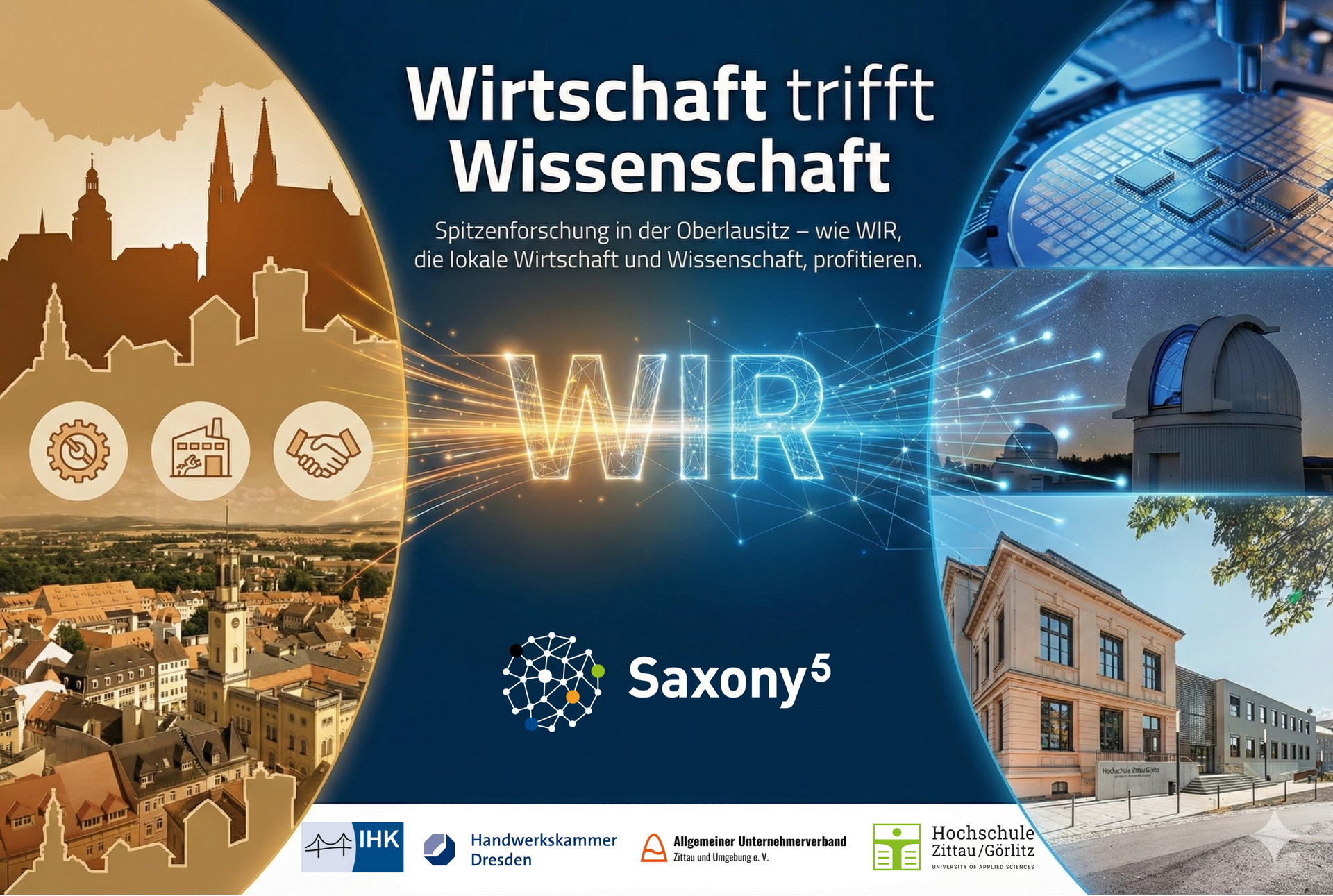 Titelbild zur Veranstaltung "Wirtschaft trifft Wissenschaft", das die Zittauer Stadtsilhouette visuell mit Symbolen der Spitzenforschung (Chip, Teleskop, Hochschule) verbindet.