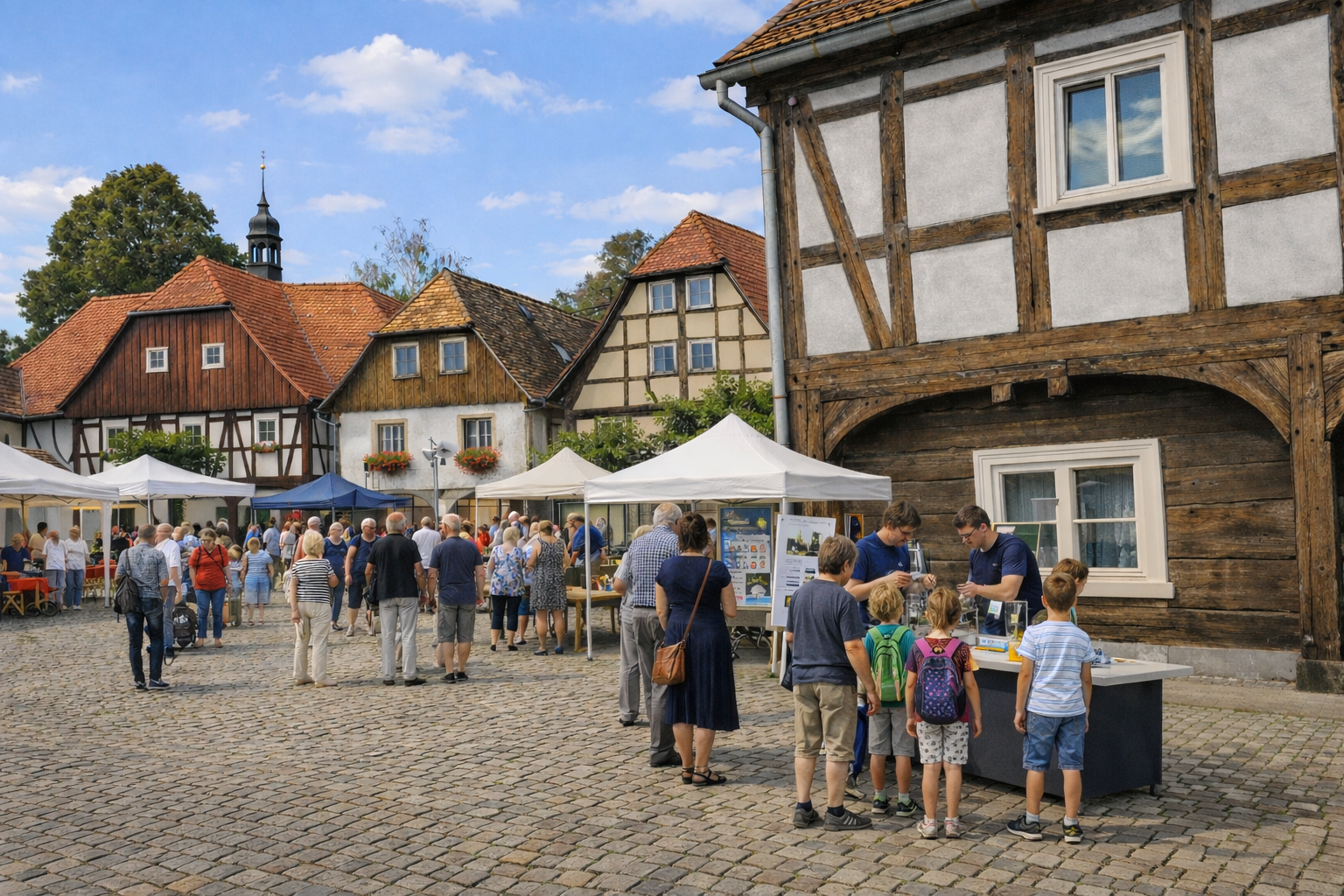 Wissenschaftsstände mit Familien und Kindern auf dem Marktplatz von Hirschfelde vor historischen Umgebindehäusern.