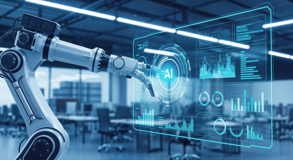 Ein KI-Roboter interagiert mit einer futuristischen Datenschnittstelle auf einem transparenten Display.