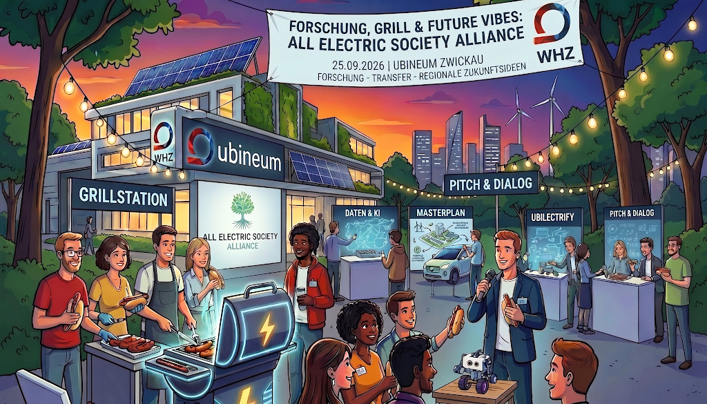 Ein Cartoonbild vom ubineum, davor eine Pitchbühne und eine Grillstation mit Menschen